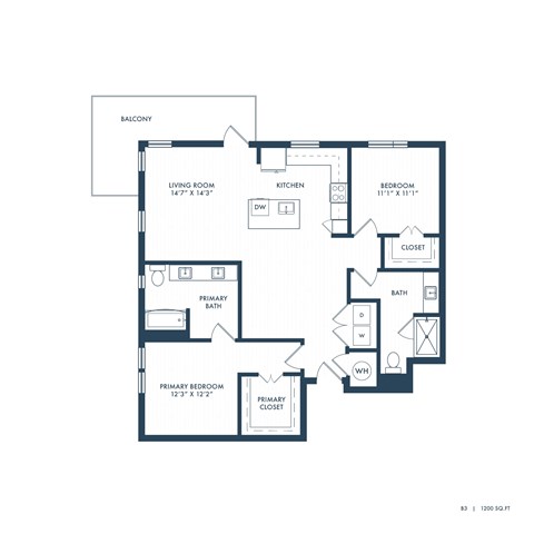 Floor plan for 2 beds, 2 baths, 1200 sqft